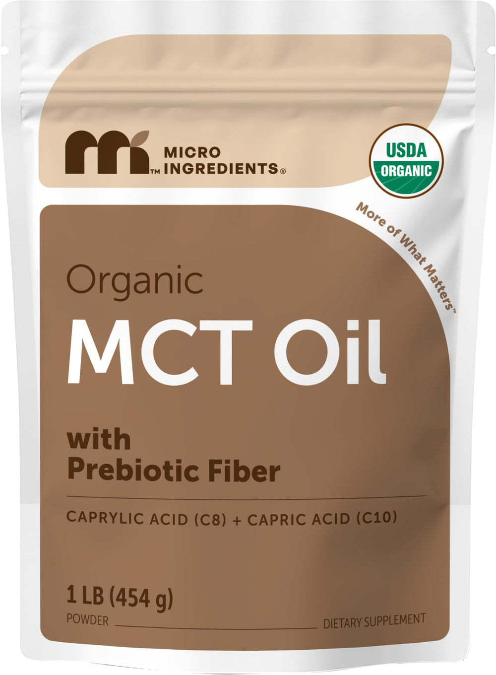 Micro Ingredients frasco frontal del MCT en polvo mostrando etiqueta limpia y orgánica
