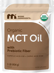Micro Ingredients frasco frontal del MCT en polvo mostrando etiqueta limpia y orgánica