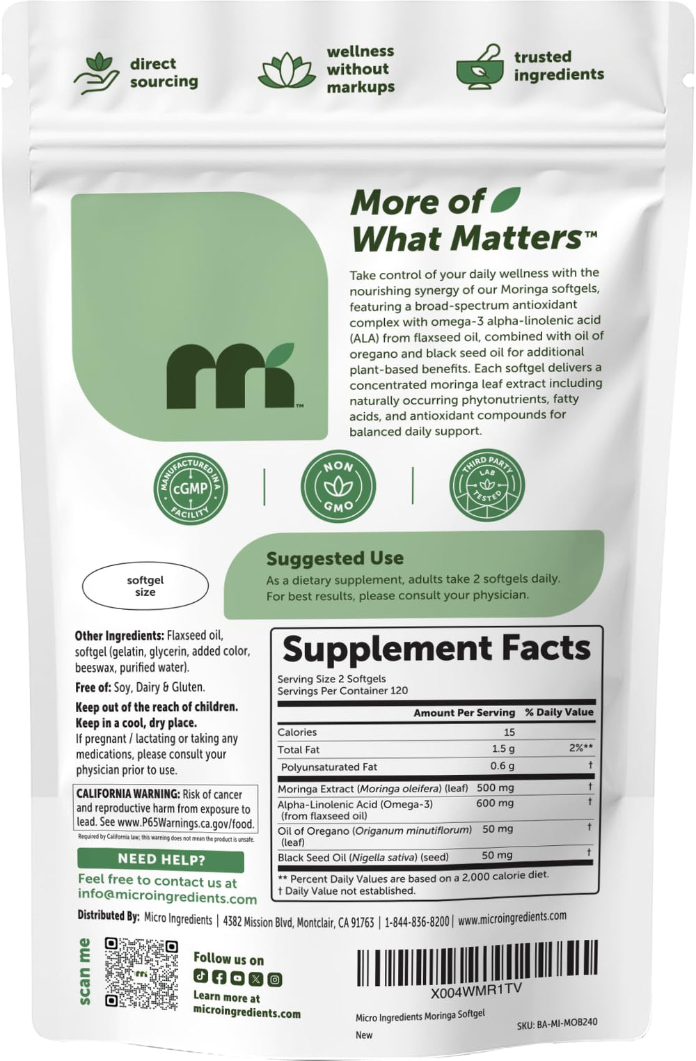Micro Ingredients etiqueta con lista de ingredientes y certificaciones visibles