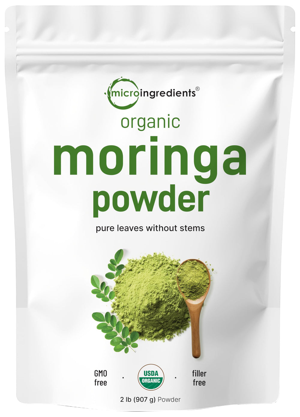 Micro Ingredients paquete frontal mostrando moringa orgánica, garantía de pureza