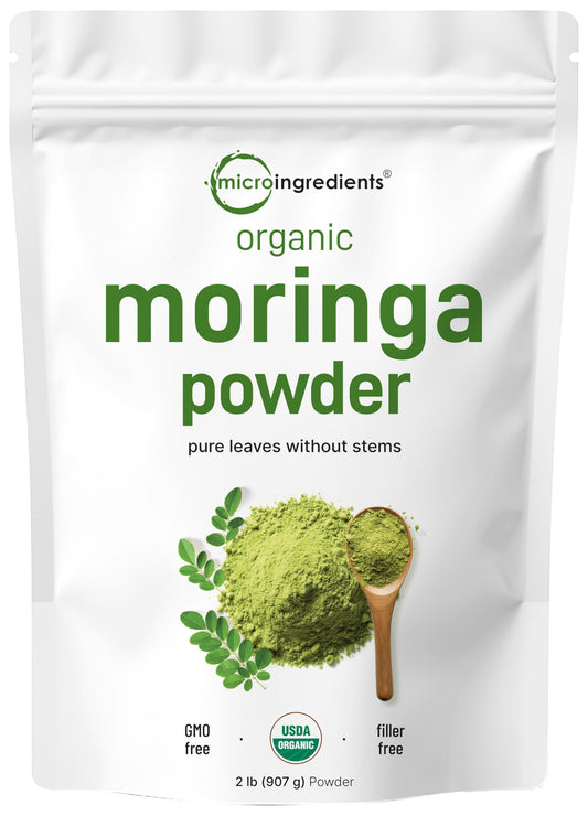 Micro Ingredients paquete frontal mostrando moringa orgánica, garantía de pureza