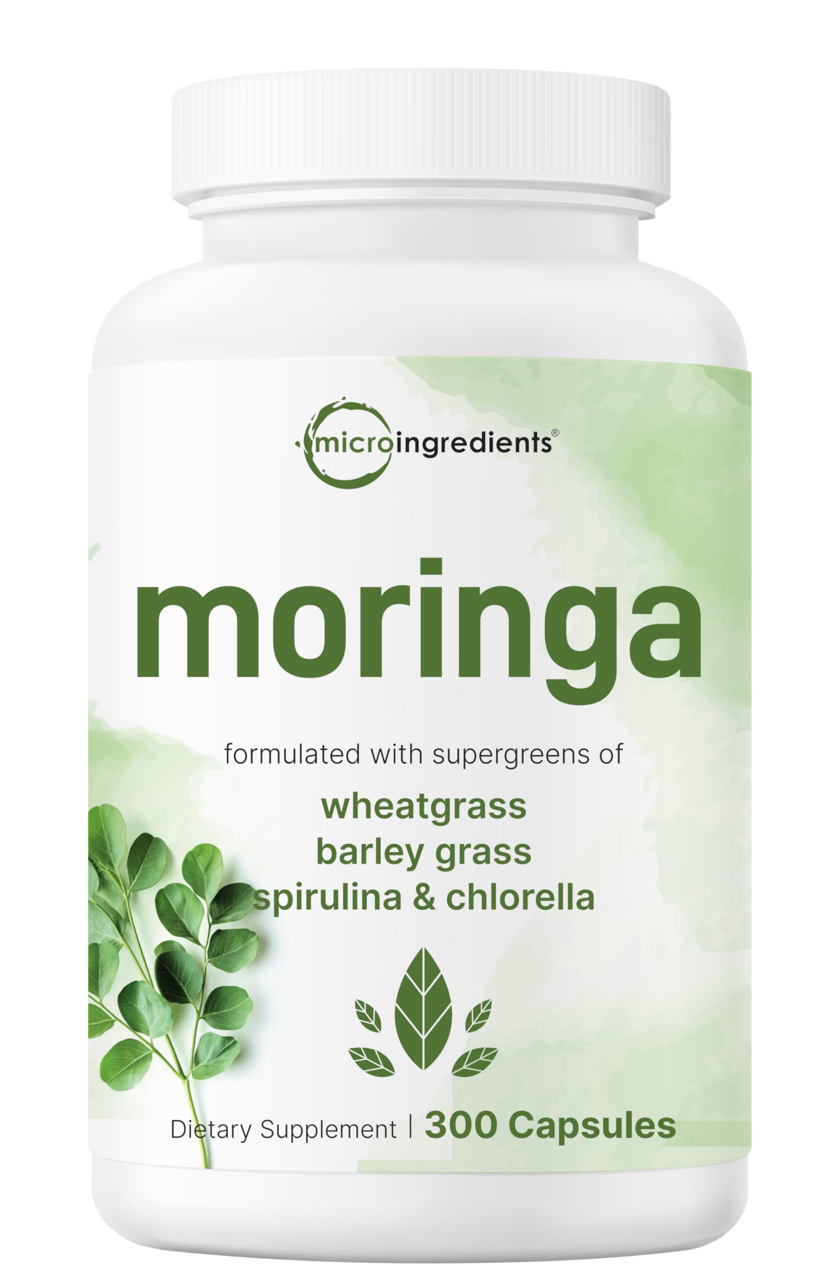 Micro Ingredients frasco frente mostrando diseño y 300 cápsulas beneficios claros