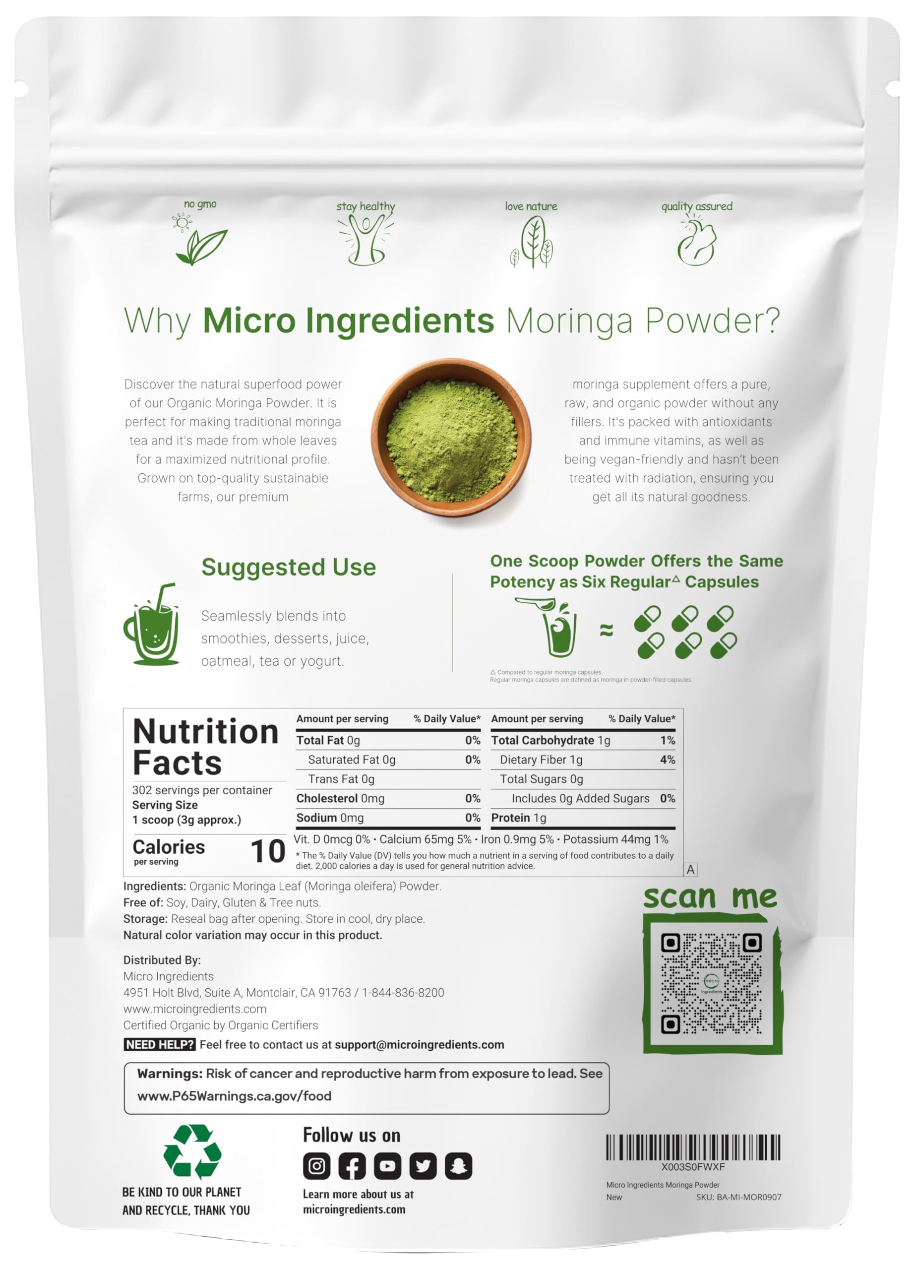 Micro Ingredients primer plano de polvo de moringa, textura fina para mezclas