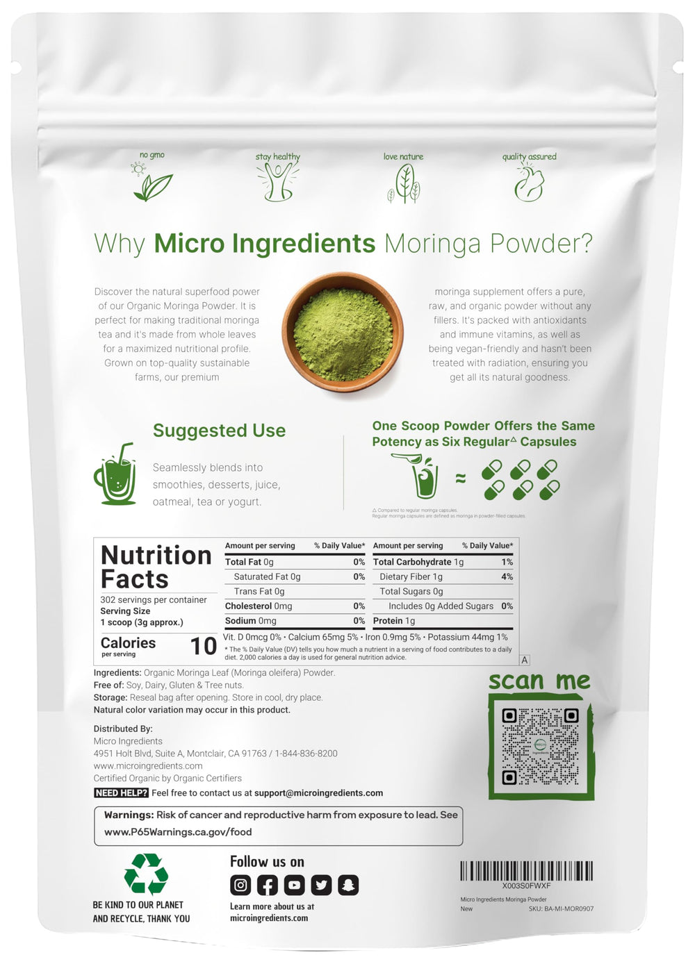 Micro Ingredients primer plano de polvo de moringa, textura fina para mezclas
