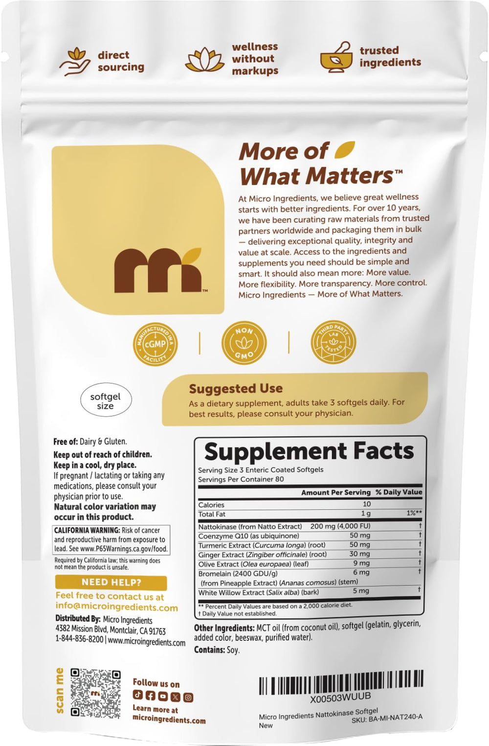 Micro Ingredients bolsa abierta con 240 cápsulas mostrando cantidad de suministro