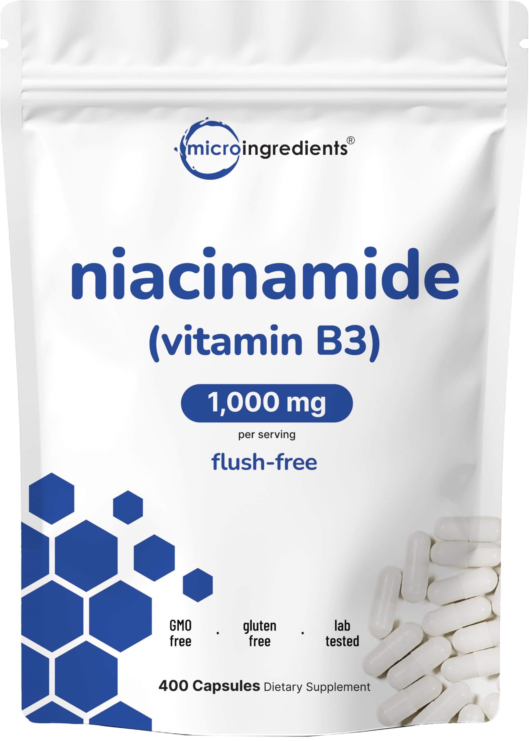 Micro Ingredients envase frontal claro mostrando niacinamida y beneficio de no rubor