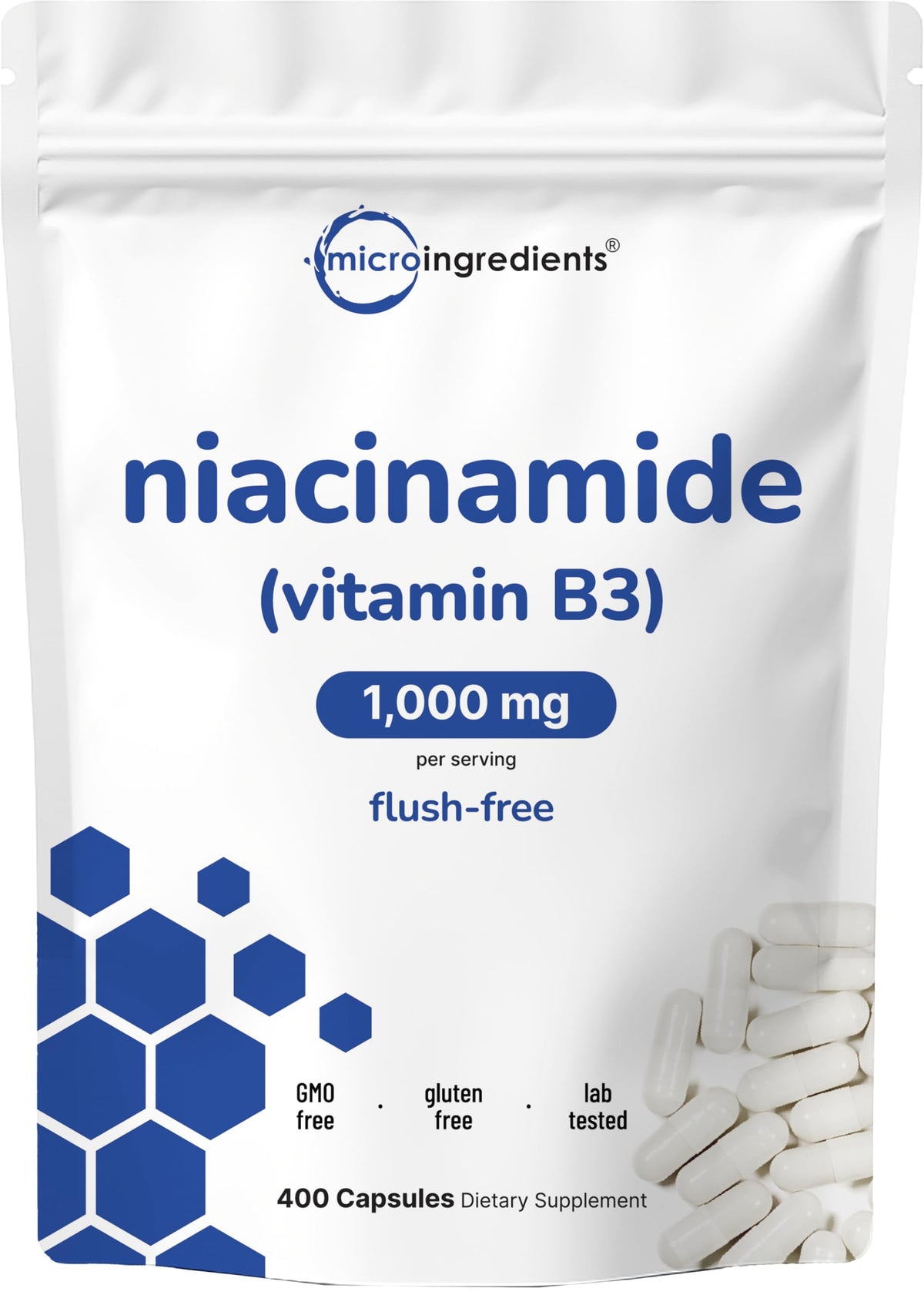 Micro Ingredients envase frontal claro mostrando niacinamida y beneficio de no rubor