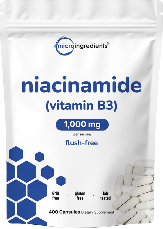 Micro Ingredients envase frontal claro mostrando niacinamida y beneficio de no rubor