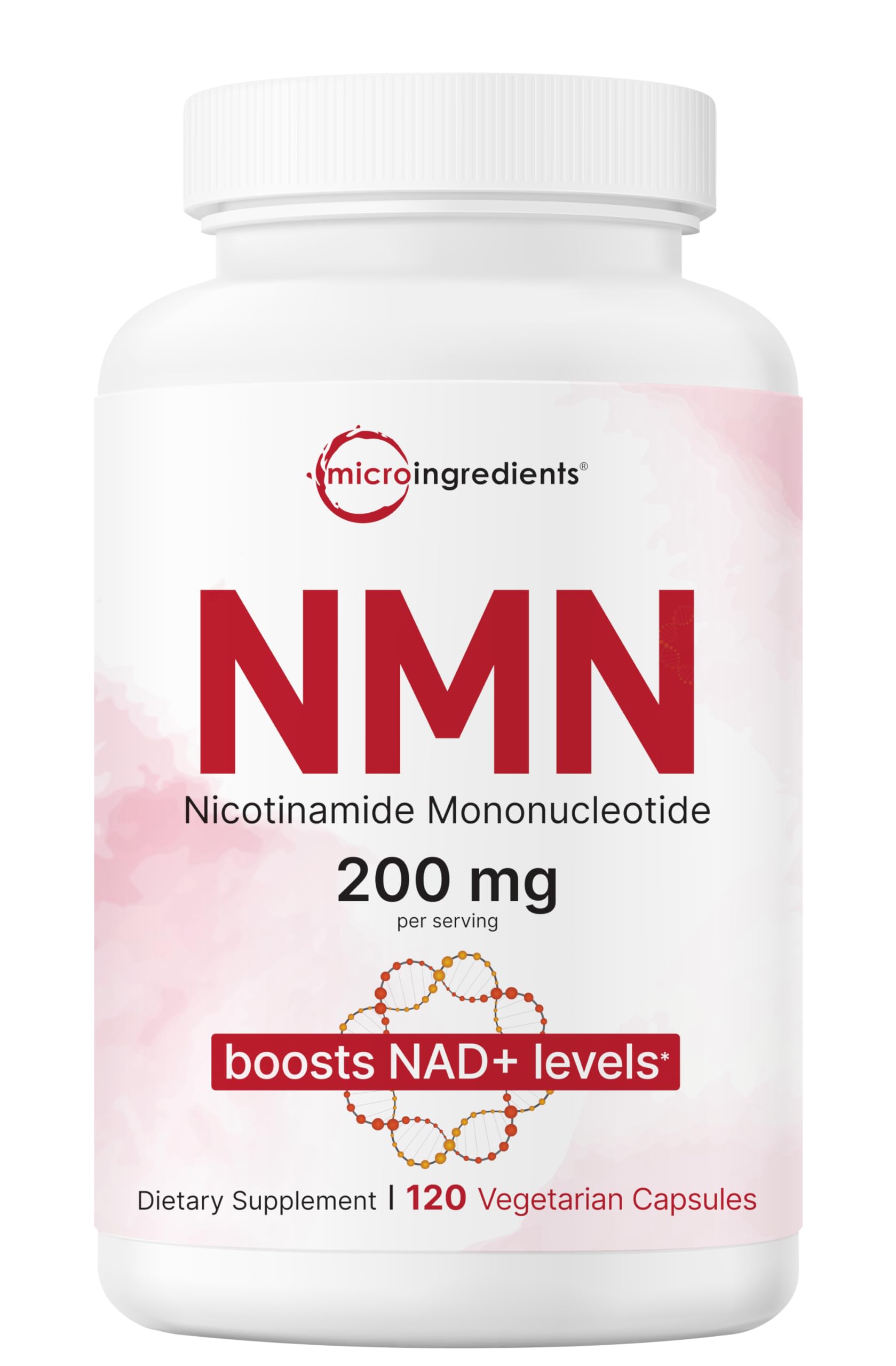 Micro Ingredients frasco del producto NMN 200 mg mostrando el envase y la marca, aporte de precursor NAD+