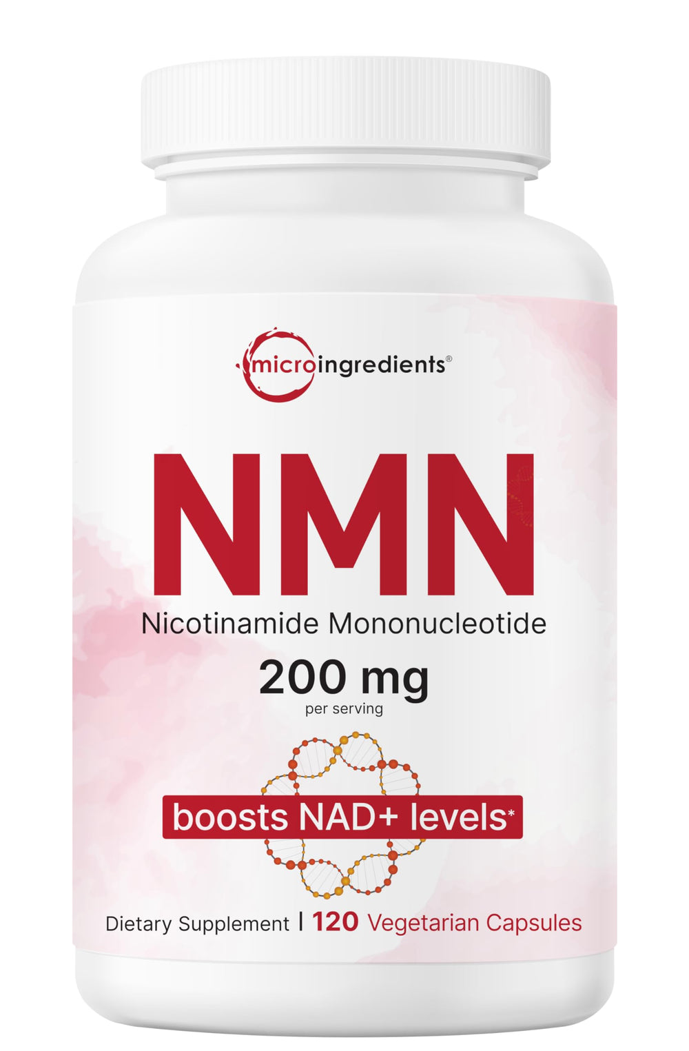 Micro Ingredients frasco del producto NMN 200 mg mostrando el envase y la marca, aporte de precursor NAD+