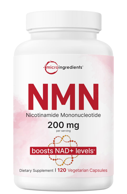 Micro Ingredients frasco del producto NMN 200 mg mostrando el envase y la marca, aporte de precursor NAD+