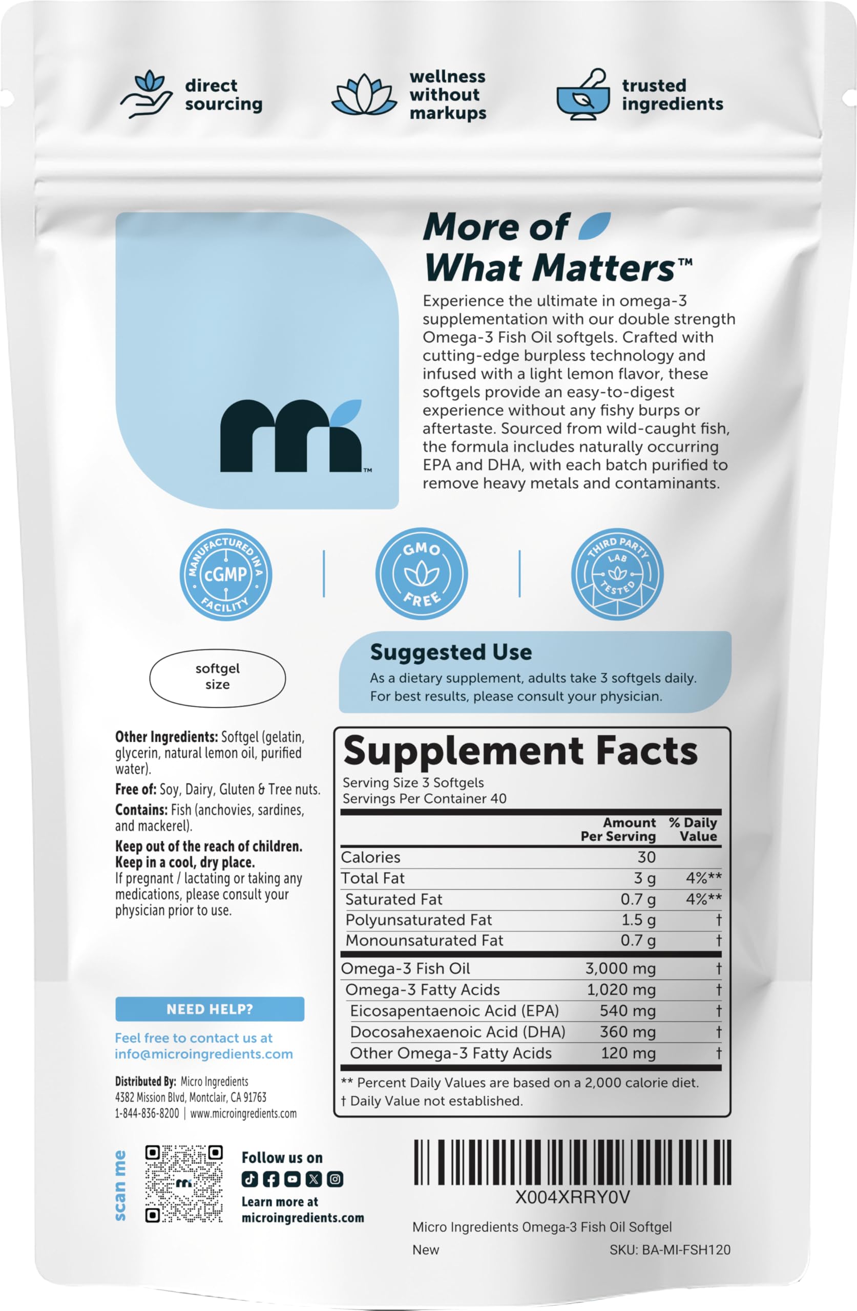 Micro Ingredients etiqueta nutricional enfocada en EPA 540 mg y DHA 360 mg