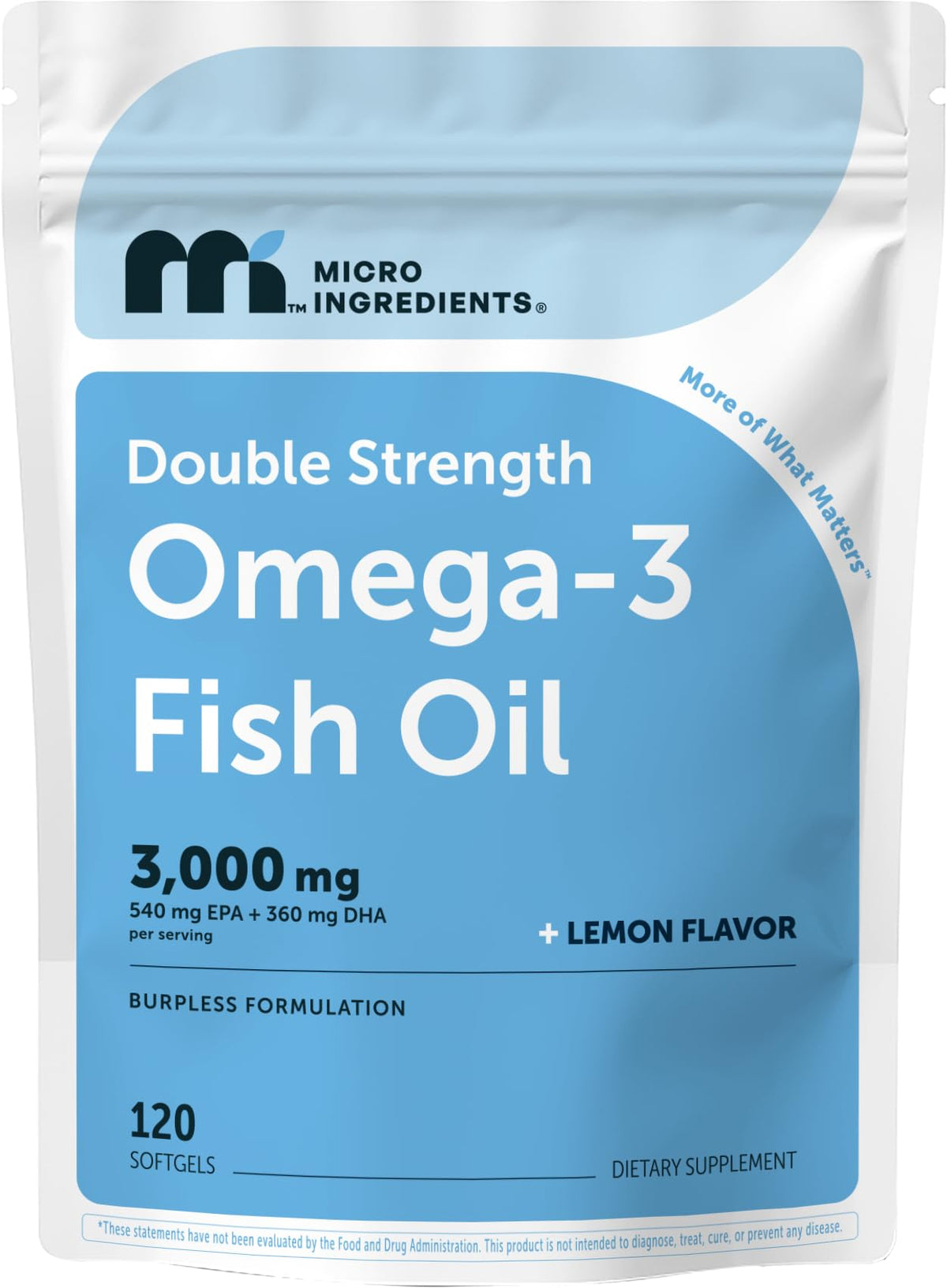 Micro Ingredients frontal del envase mostrando 120 softgels y beneficio de concentración