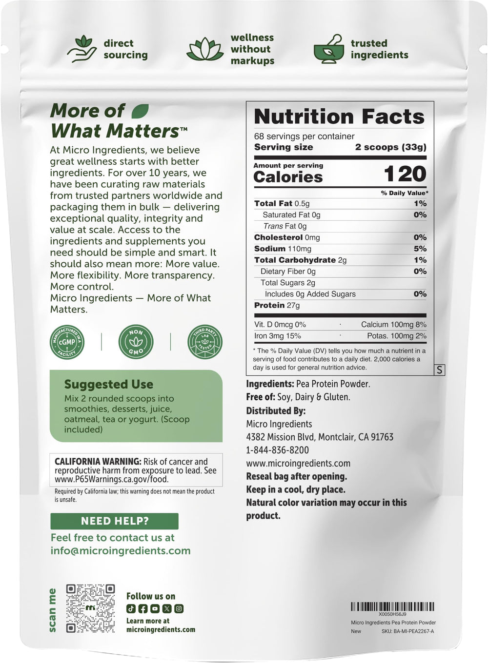 Micro Ingredients etiqueta nutricional legible con datos de proteína por porción