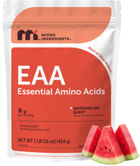 Frente del envase Micro Ingredients EAA+BCAA mostrando diseño y sabor sandía