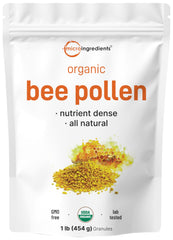 Micro Ingredients frasco frontal de polen orgánico con etiqueta clara y práctico