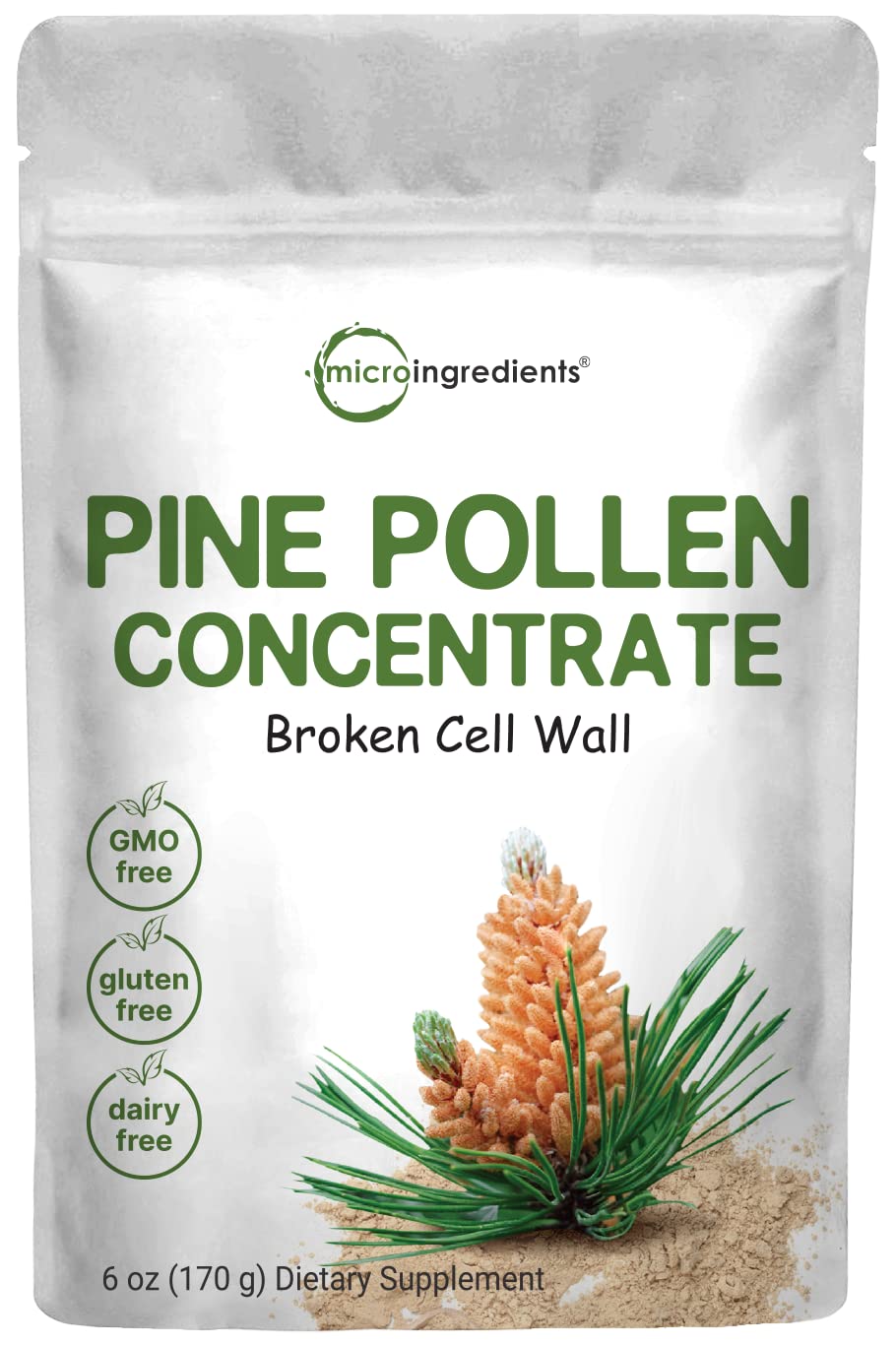 Micro Ingredients frasco frontal del polen de pino, presentación clara y natural