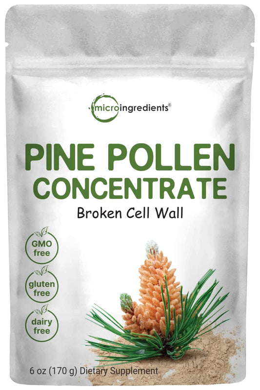 Micro Ingredients frasco frontal del polen de pino, presentación clara y natural