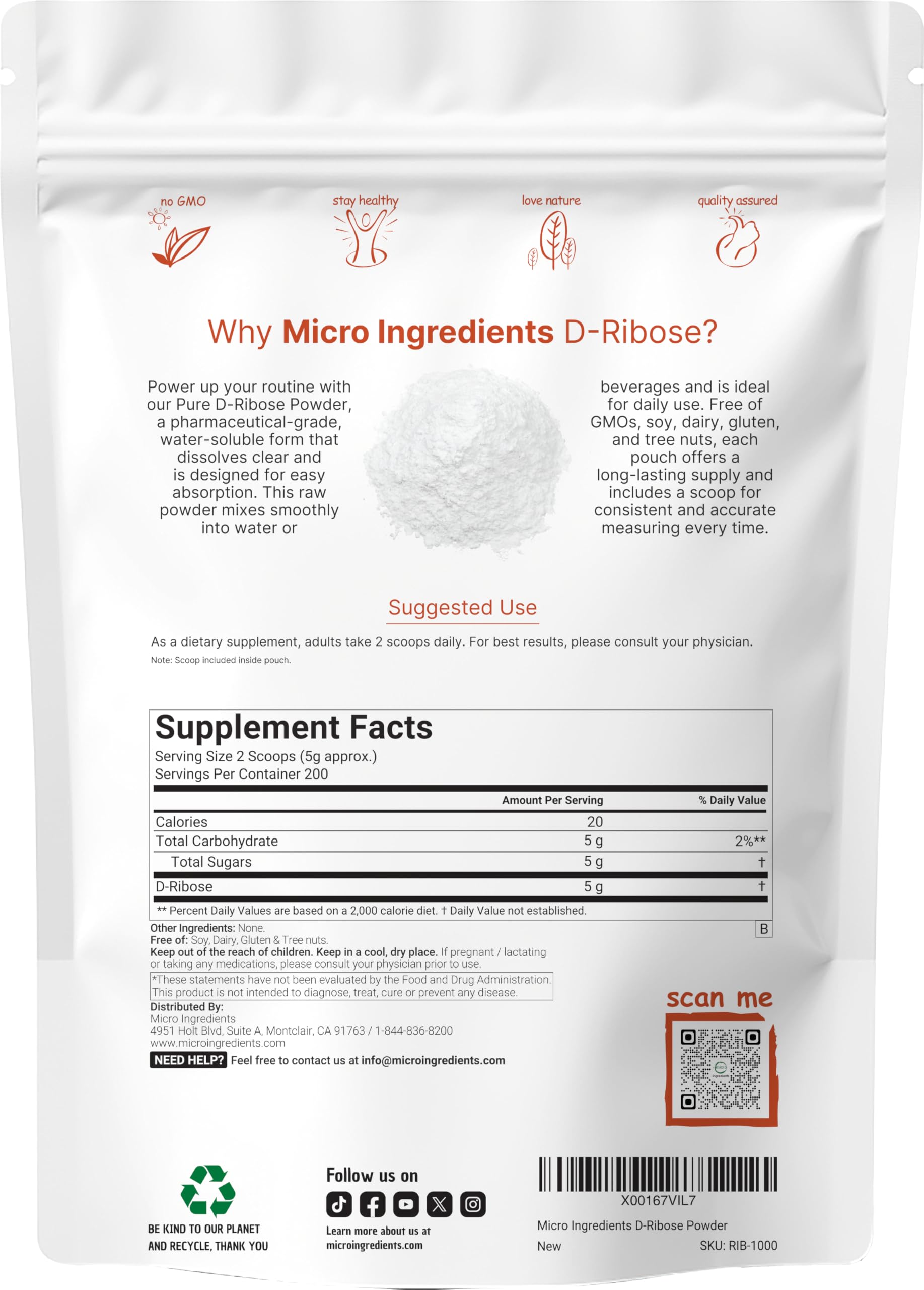 Micro Ingredients polvo de D-Ribosa textura fina visible y fácil disolución