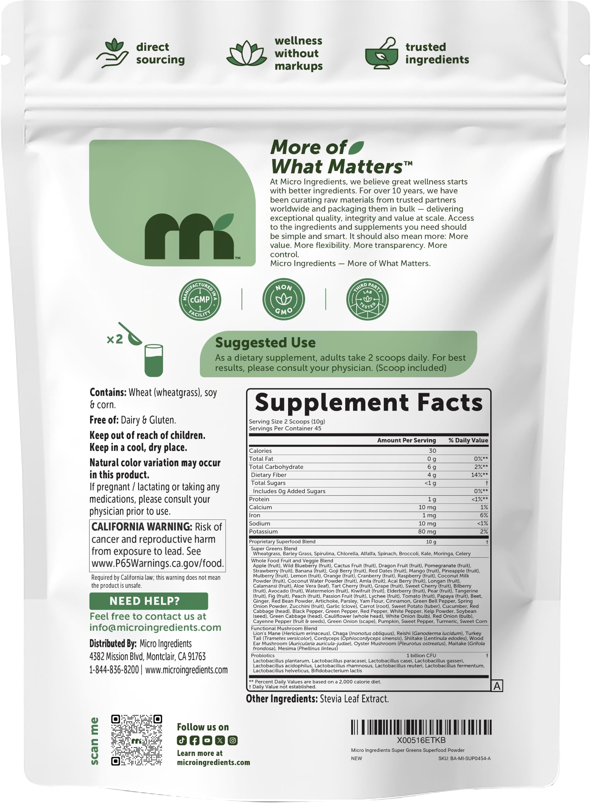 Micro Ingredients tamaño de la porción comparado con mano para referencia