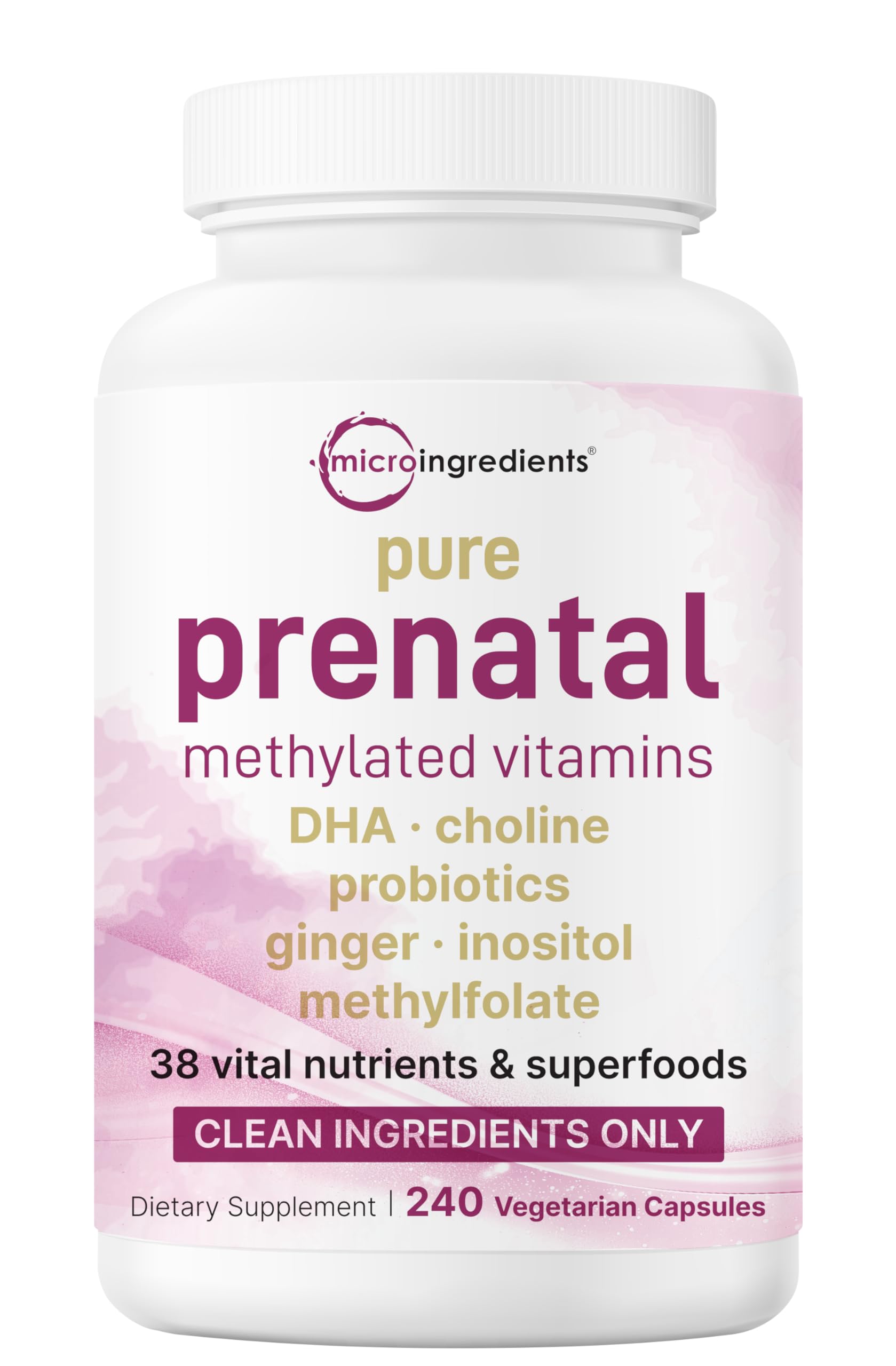 Micro Ingredients envase frontal del prenatal, claridad de ingredientes y sin rellenos