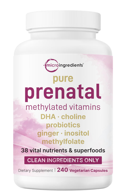 Micro Ingredients envase frontal del prenatal, claridad de ingredientes y sin rellenos