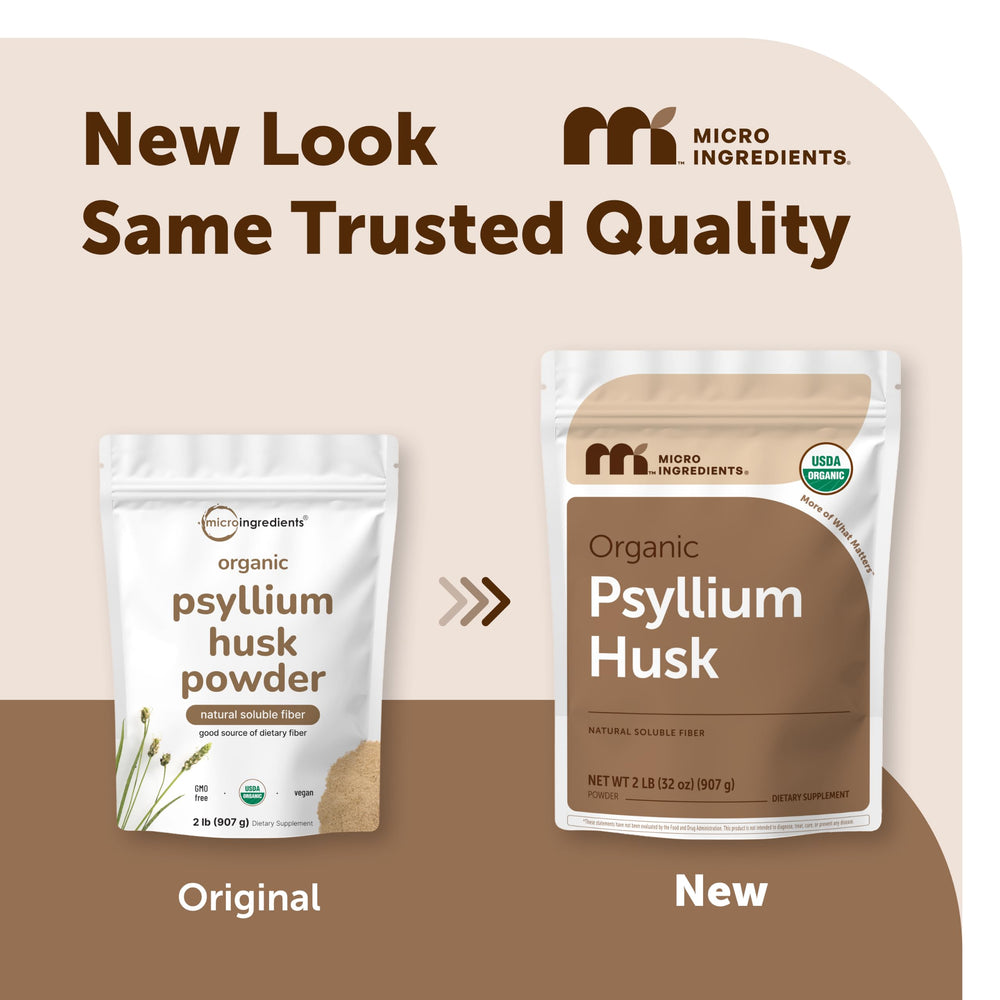 Micro Ingredients textura en primer plano del polvo de psyllium, muestra pureza y consistencia