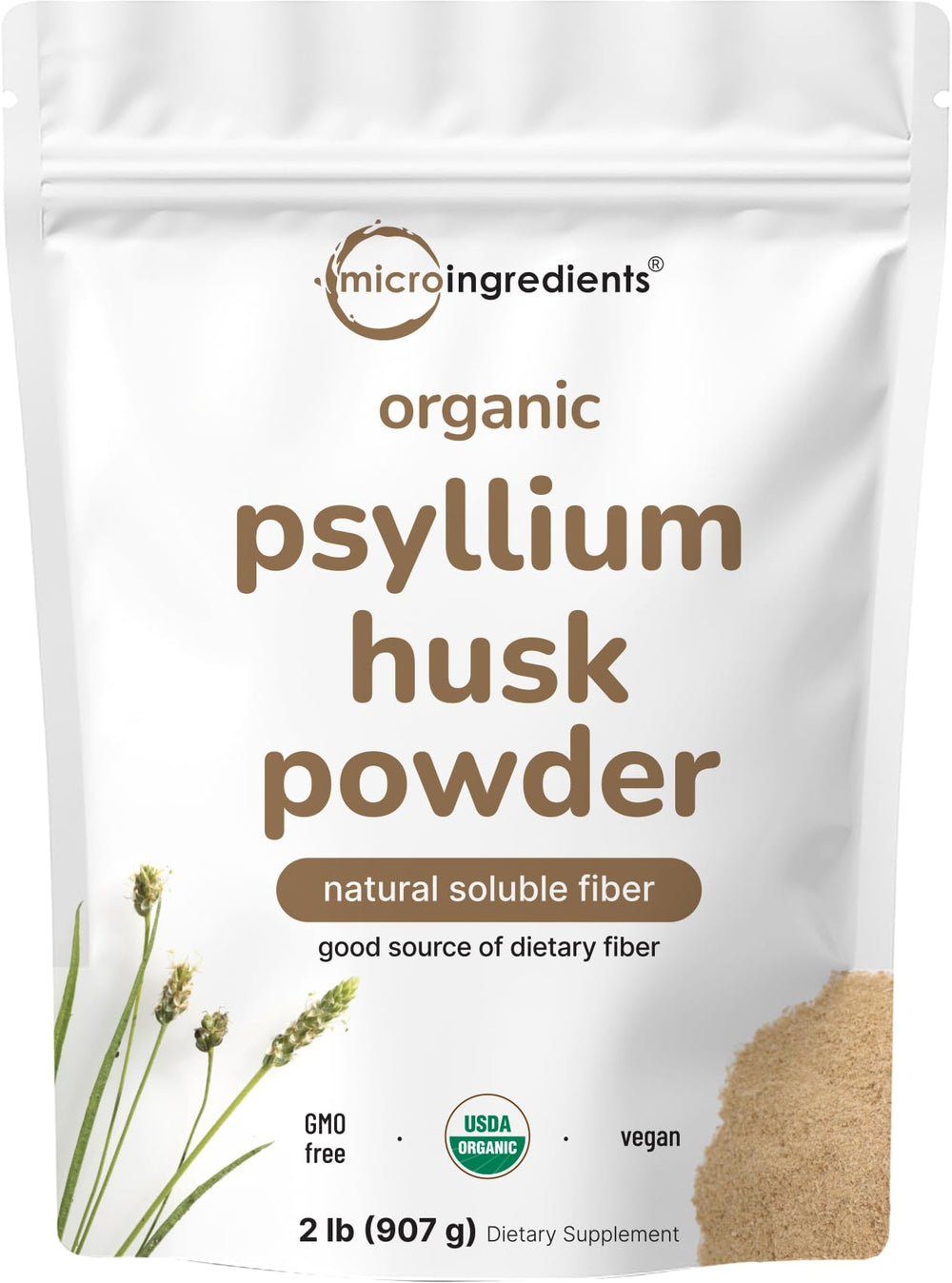 Micro Ingredients frente del envase de psyllium de 2 lb, presentación clara y práctica