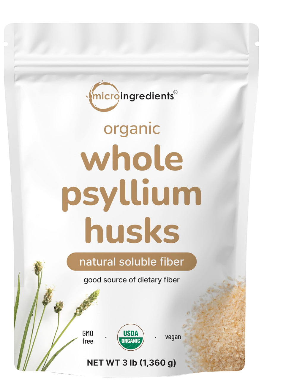 Micro Ingredients envase frontal de psyllium husks beneficiando la fibra diaria