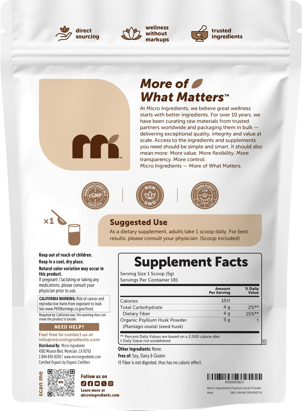 Micro Ingredients smoothie con psyllium servido, ejemplo de uso en bebidas saludables