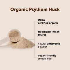 Micro Ingredients cuchara midiendo psyllium en polvo, facilita dosificación exacta