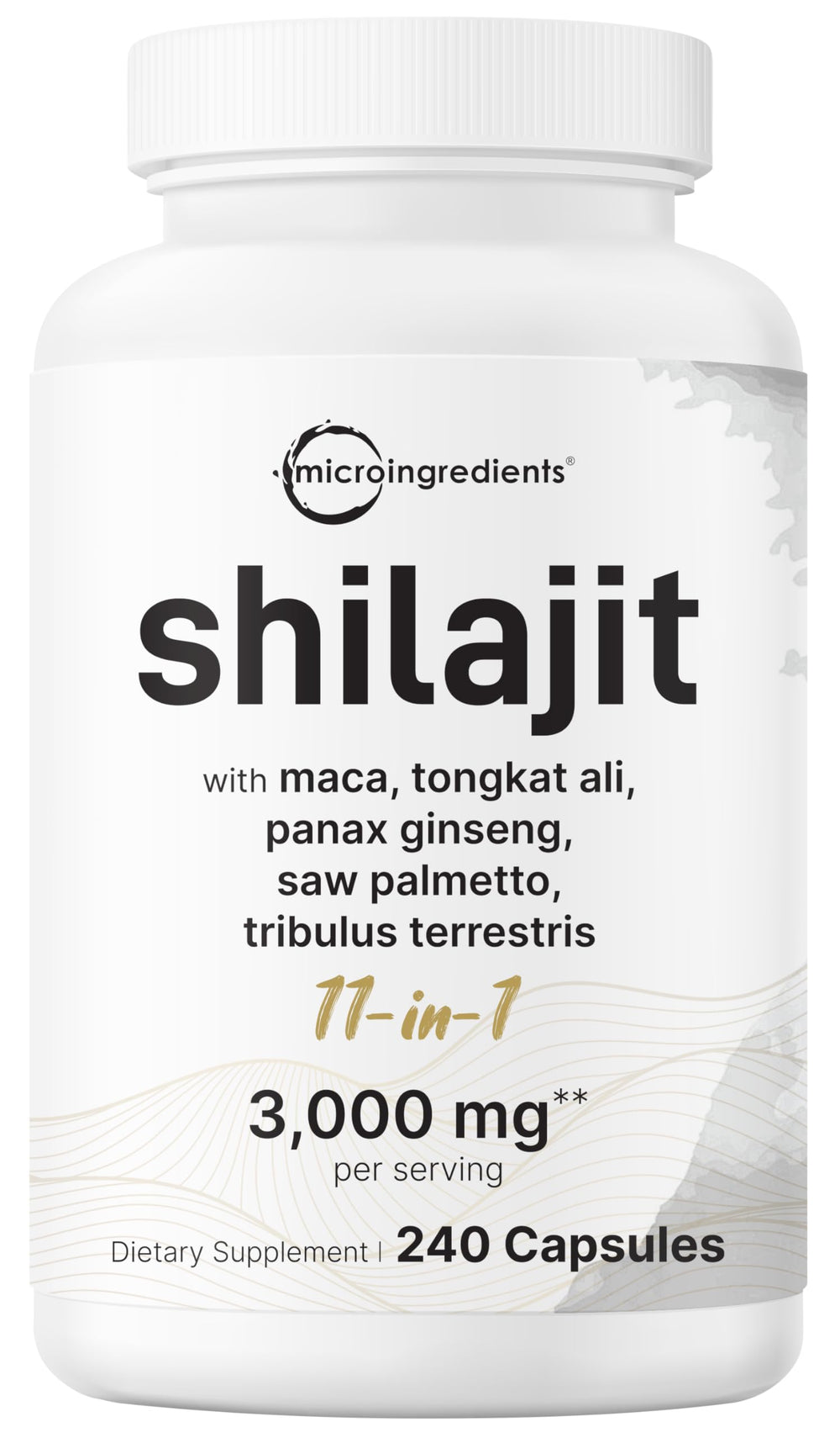 Micro Ingredients frasco frontal mostrando 240 cápsulas y etiqueta clara como ventaja de suministro
