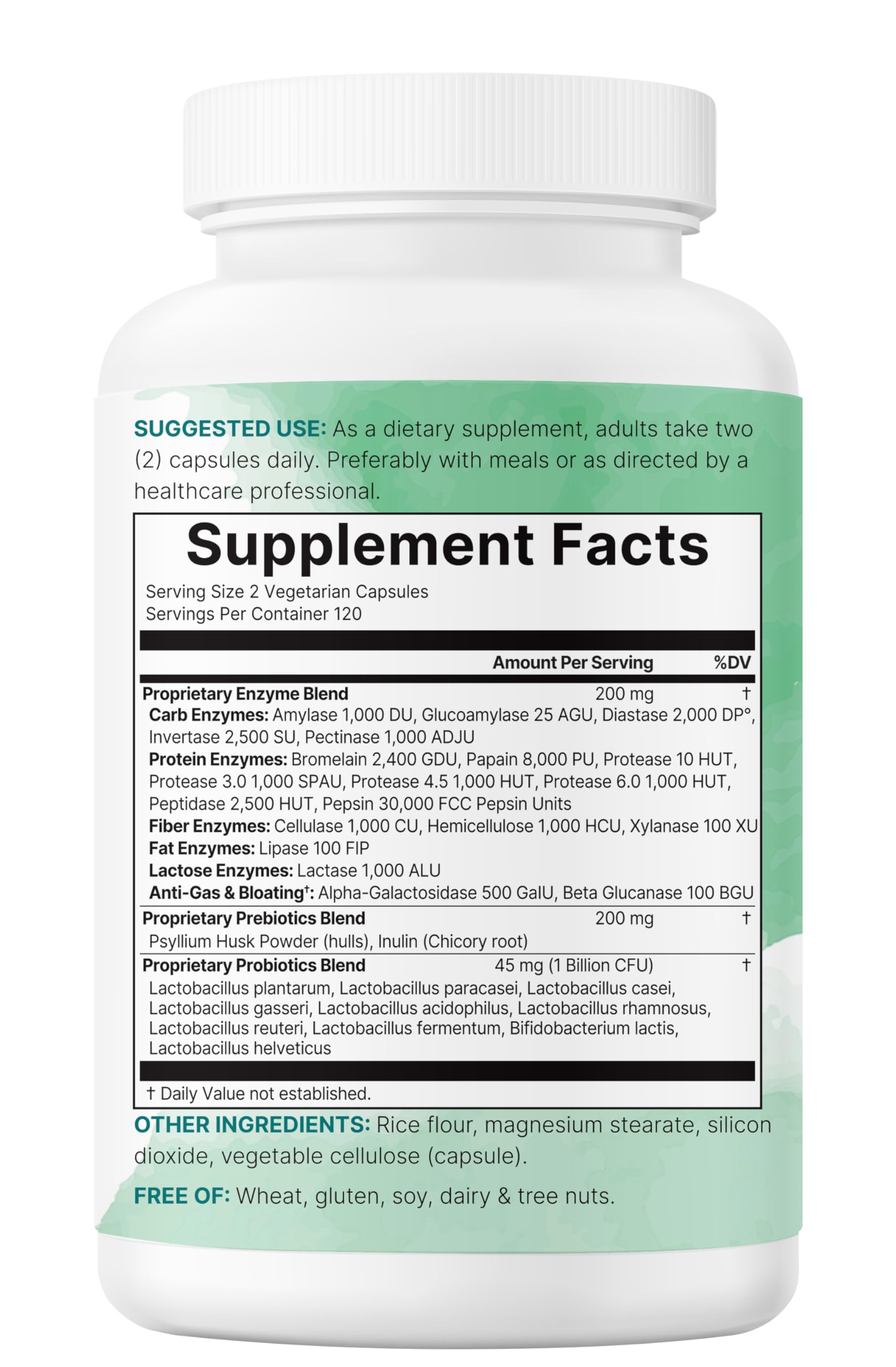 Micro Ingredients etiqueta con lista de enzimas, prebióticos y probióticos detallada