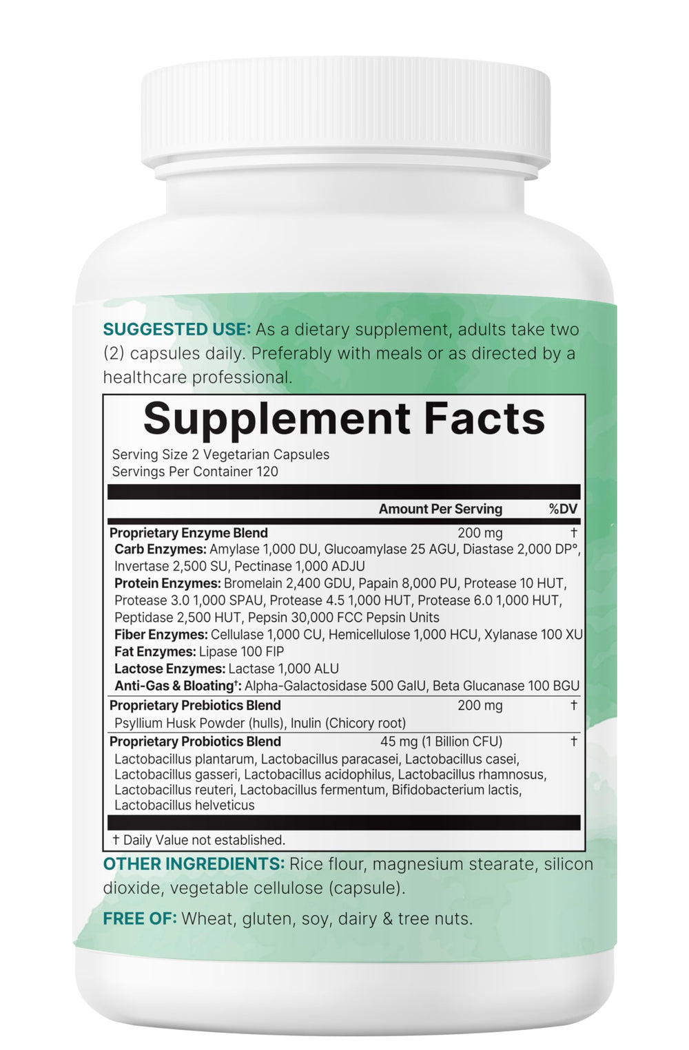 Micro Ingredients etiqueta con lista de enzimas, prebióticos y probióticos detallada