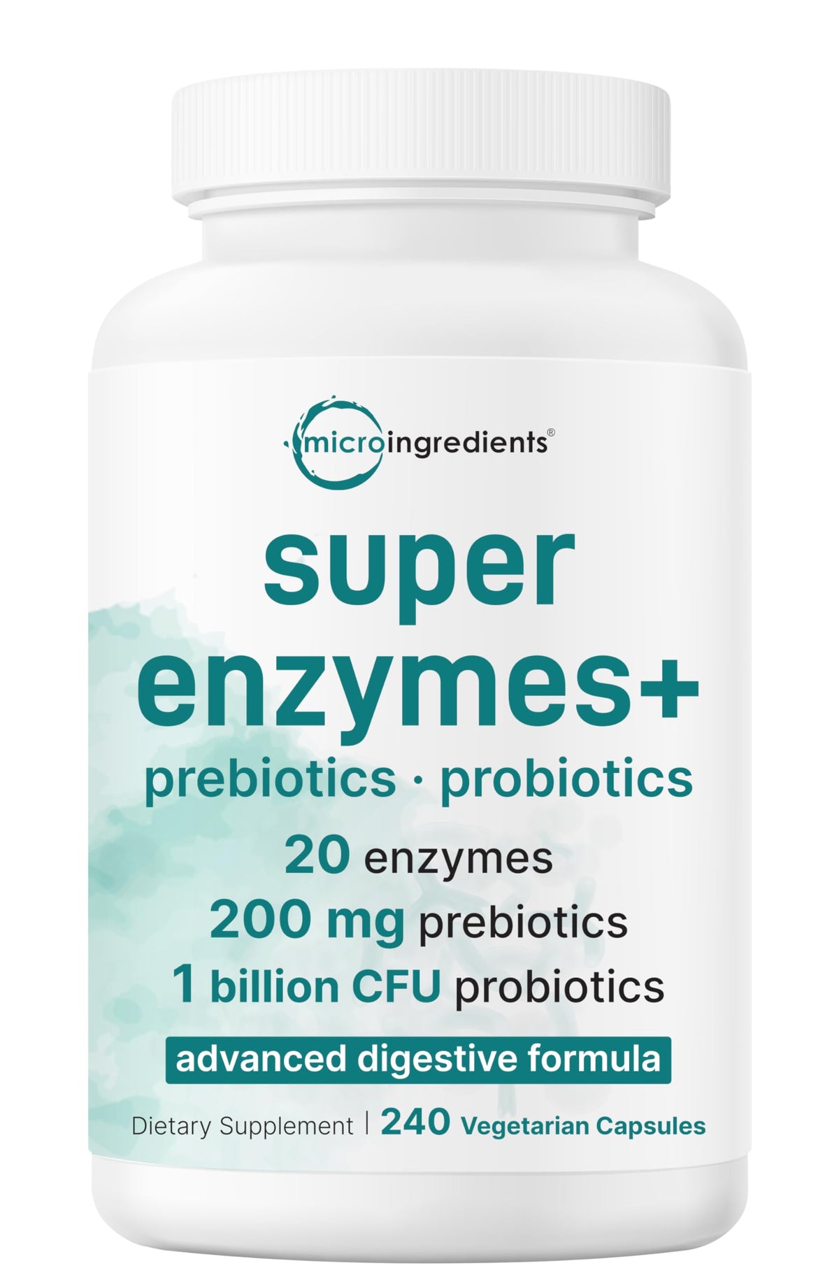 Micro Ingredients frasco frontal mostrando 240 cápsulas y beneficios digestivos