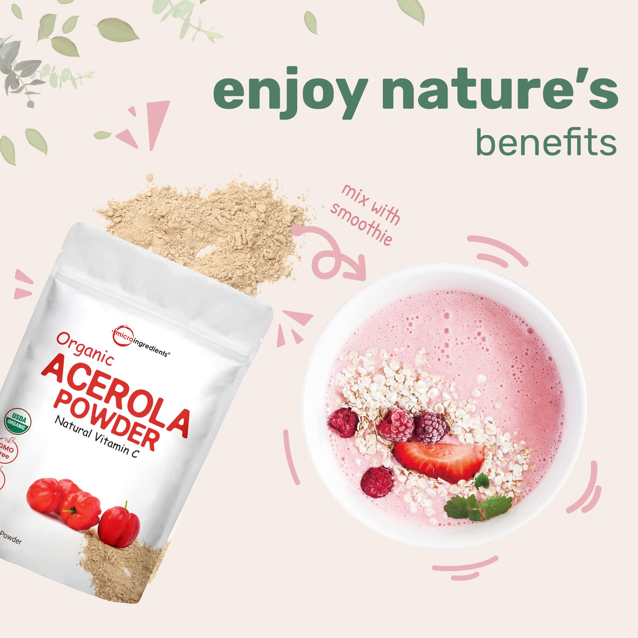 Micro Ingredients comparación de tamaño del polvo con acerola fresca