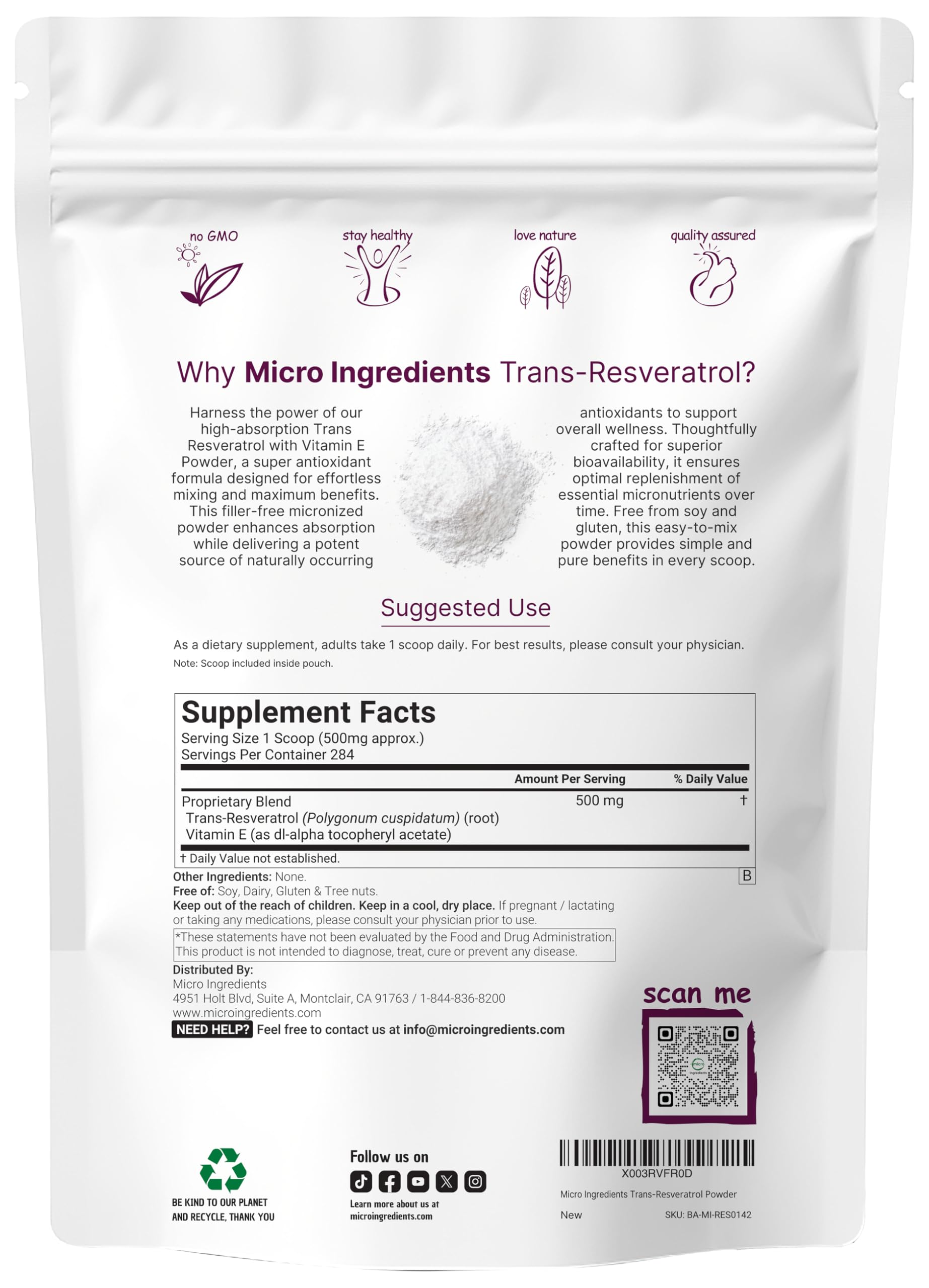 Micro Ingredients textura del polvo micronizado, mezcla rápida y fácil absorción