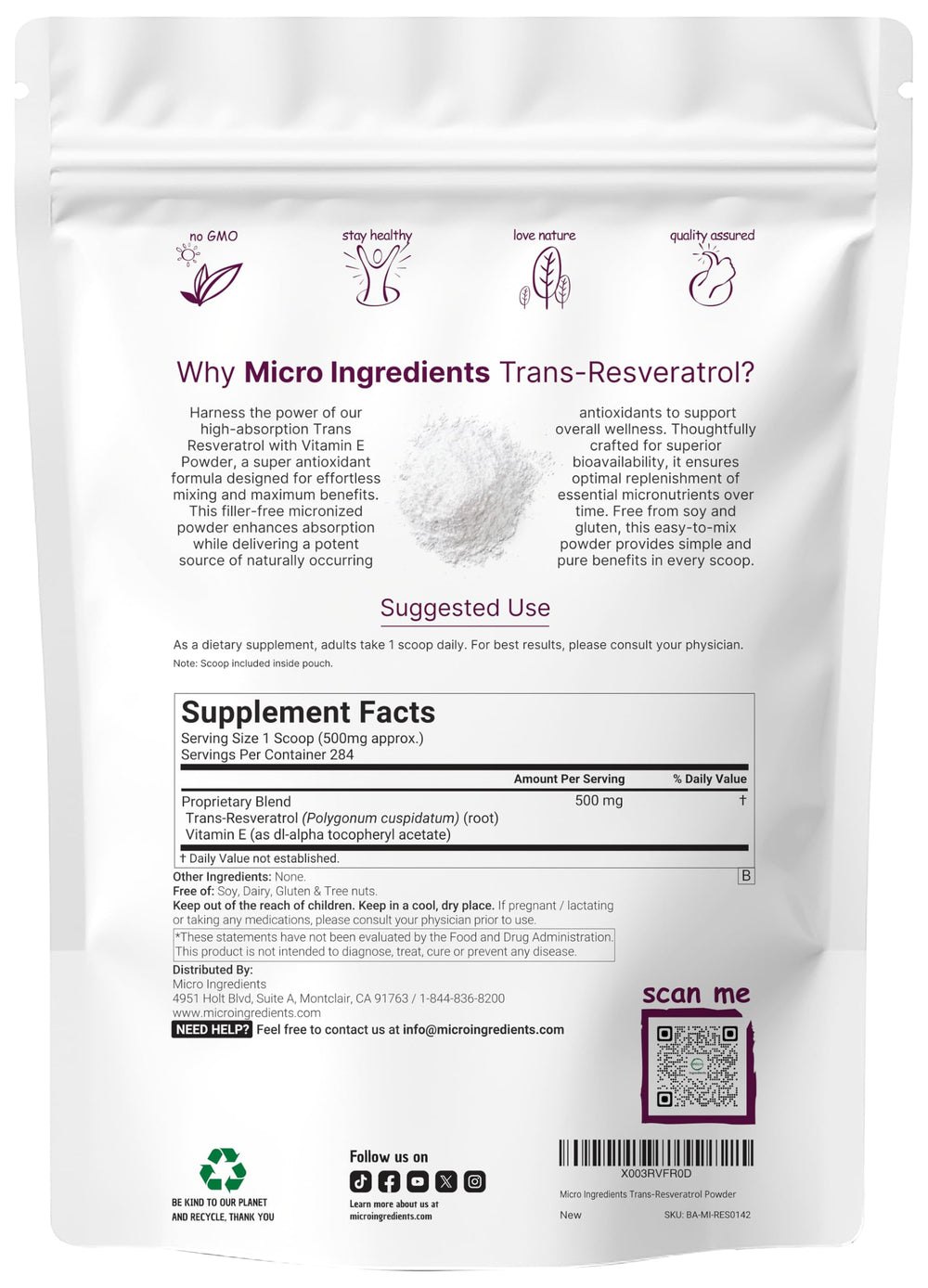 Micro Ingredients textura del polvo micronizado, mezcla rápida y fácil absorción