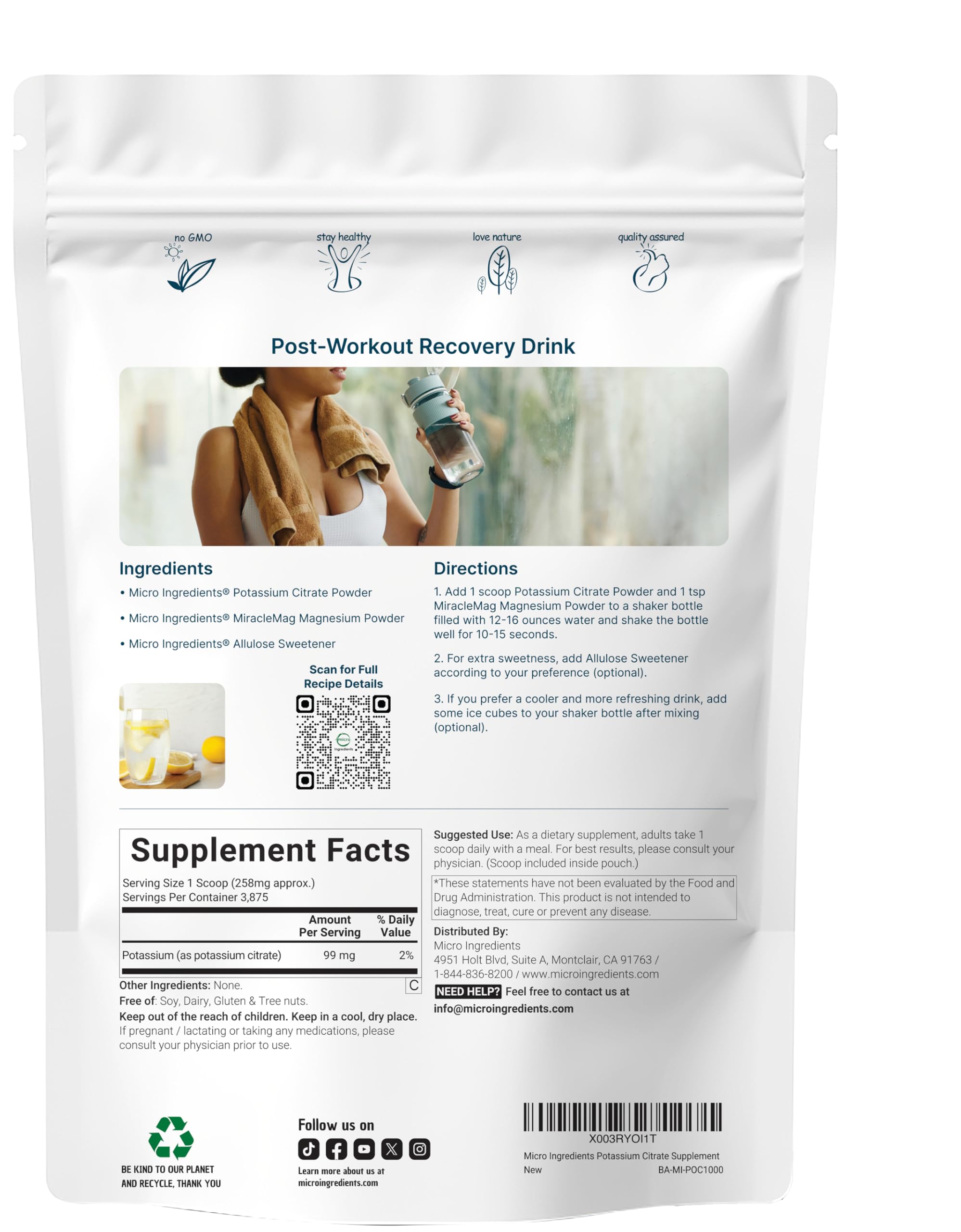 Micro Ingredients polvo de citrato de potasio textura fina para mezcla rápida