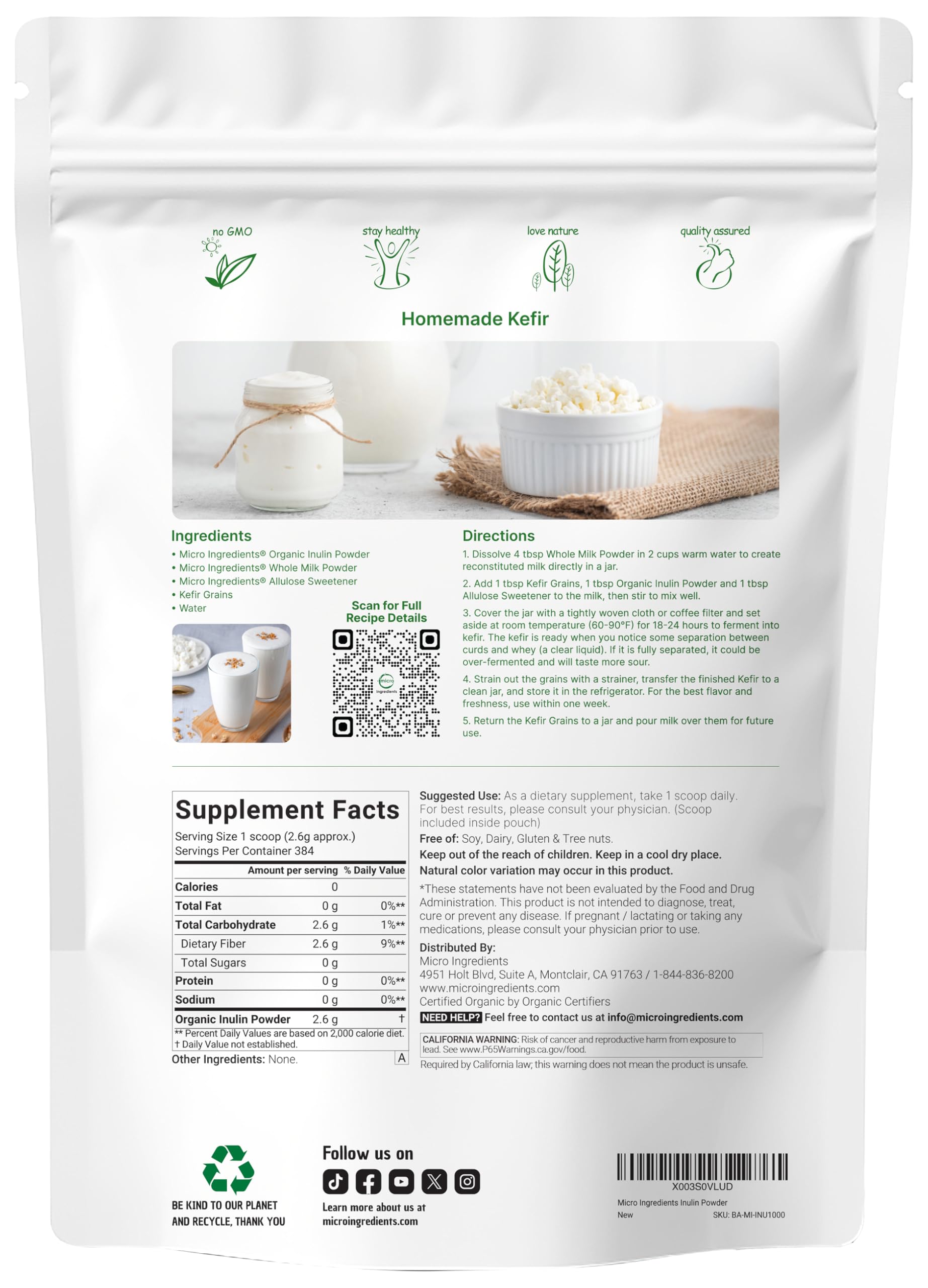 Micro Ingredients detalle del polvo de inulina, textura fina para disolución rápida