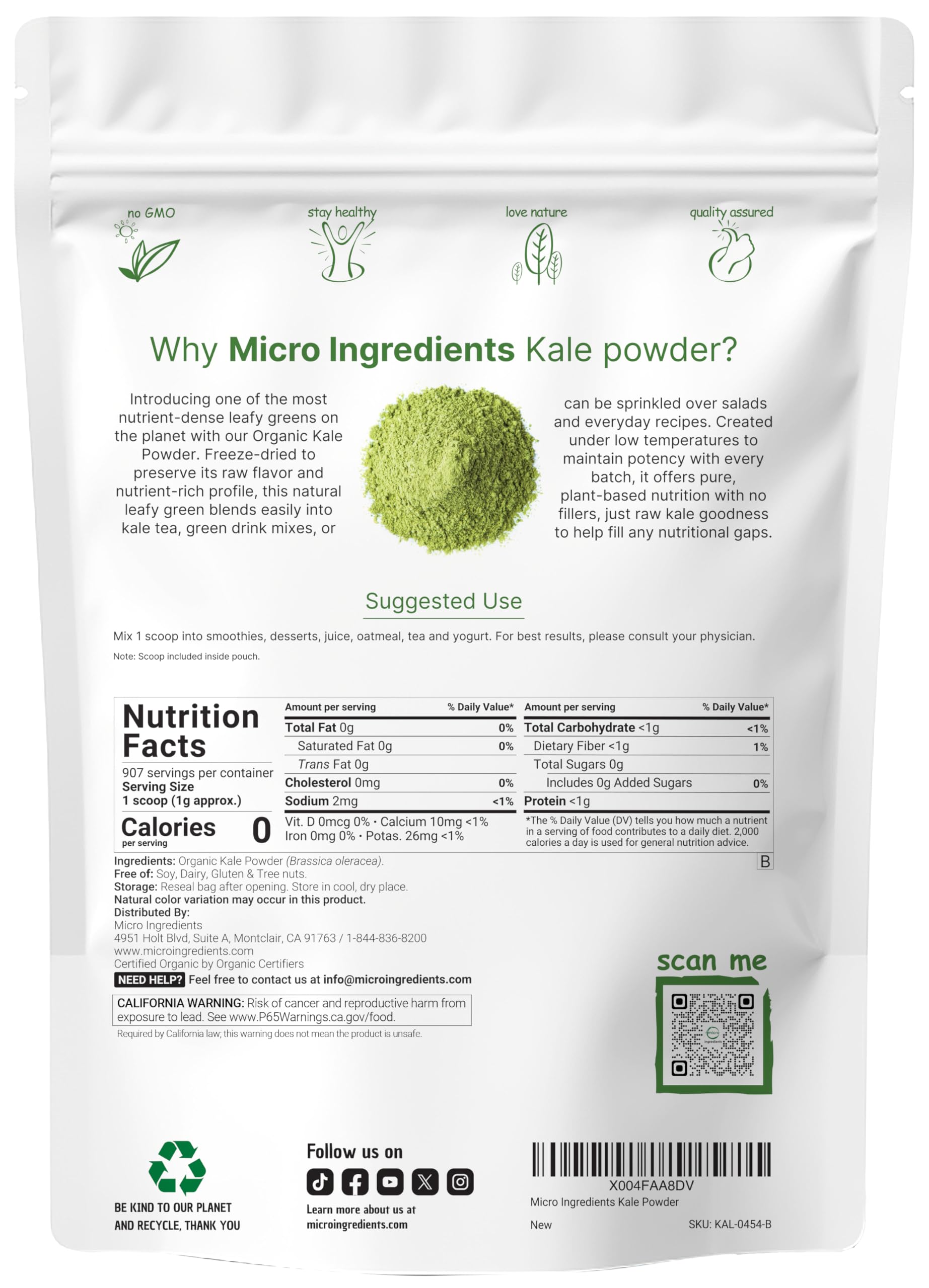 Micro Ingredients textura fina del polvo de kale liofilizado, mezcla fácil y color vibrante