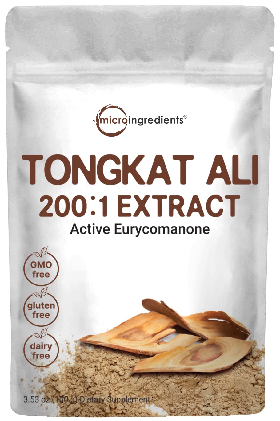 Micro Ingredients envase frontal del Tongkat Ali mostrando etiqueta clara y beneficios
