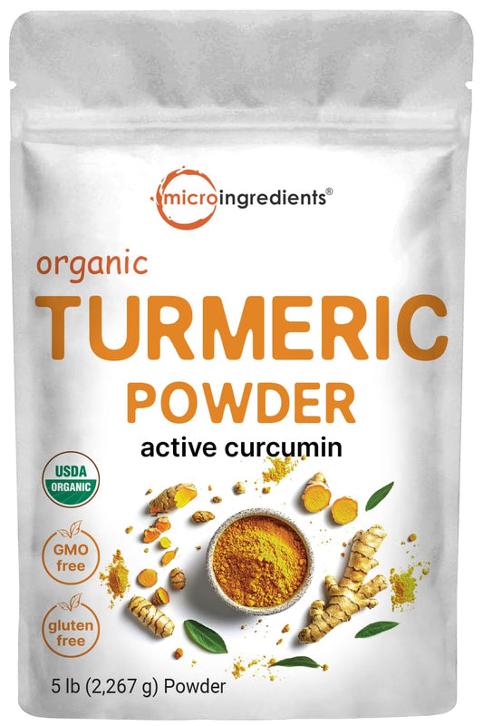 Micro Ingredients empaque frontal de cúrcuma orgánica muestra tamaño y marca