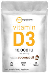Micro Ingredients frontal del envase que muestra 400 softgels y beneficios claros