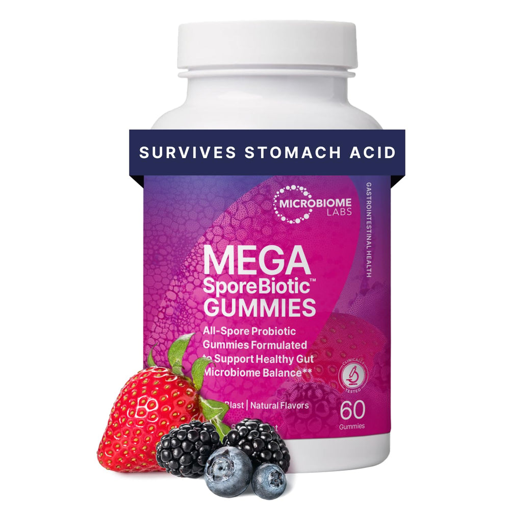 Microbiome Labs envase frontal mostrando las gomitas y beneficio familiar
