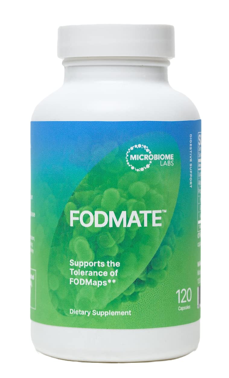 Microbiome Labs envase frontal FODMATE mostrando diseño y conveniencia