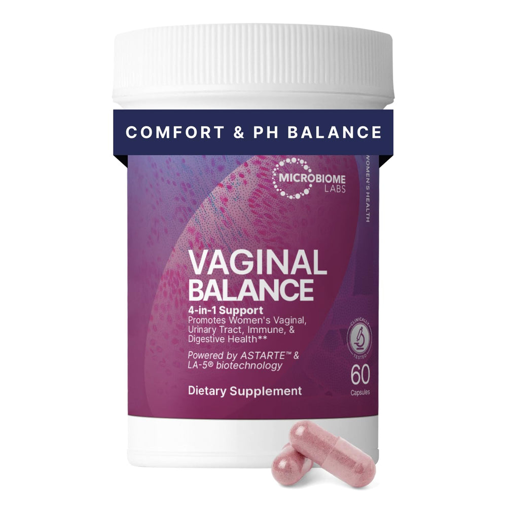Microbiome Labs frente del envase mostrando sello y beneficio de equilibrio