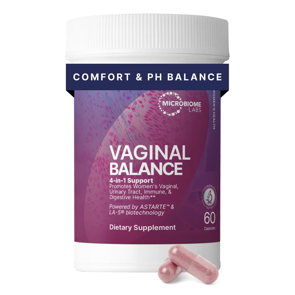 Microbiome Labs frente del envase mostrando sello y beneficio de equilibrio