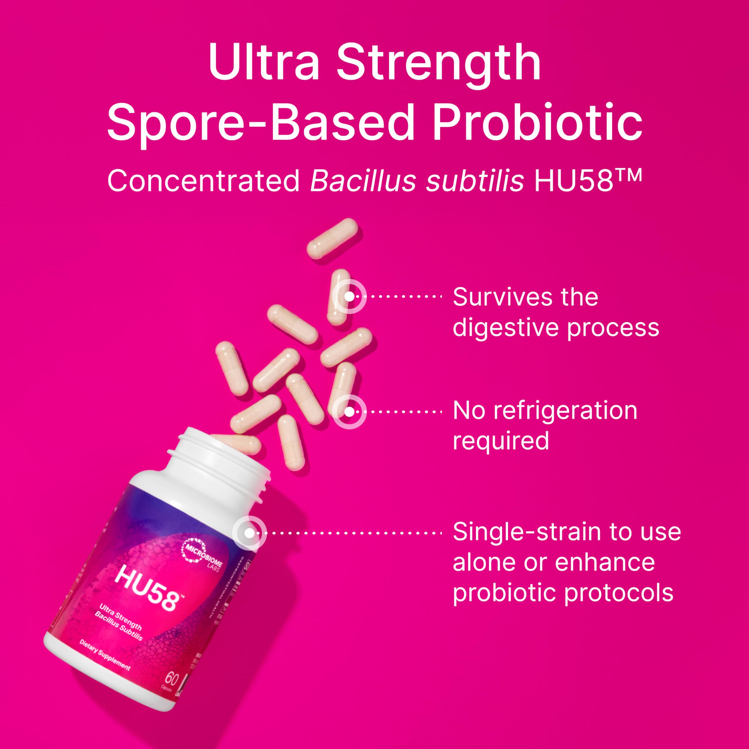 Microbiome Labs HU58 primer plano de cápsula, muestra integridad y estabilidad