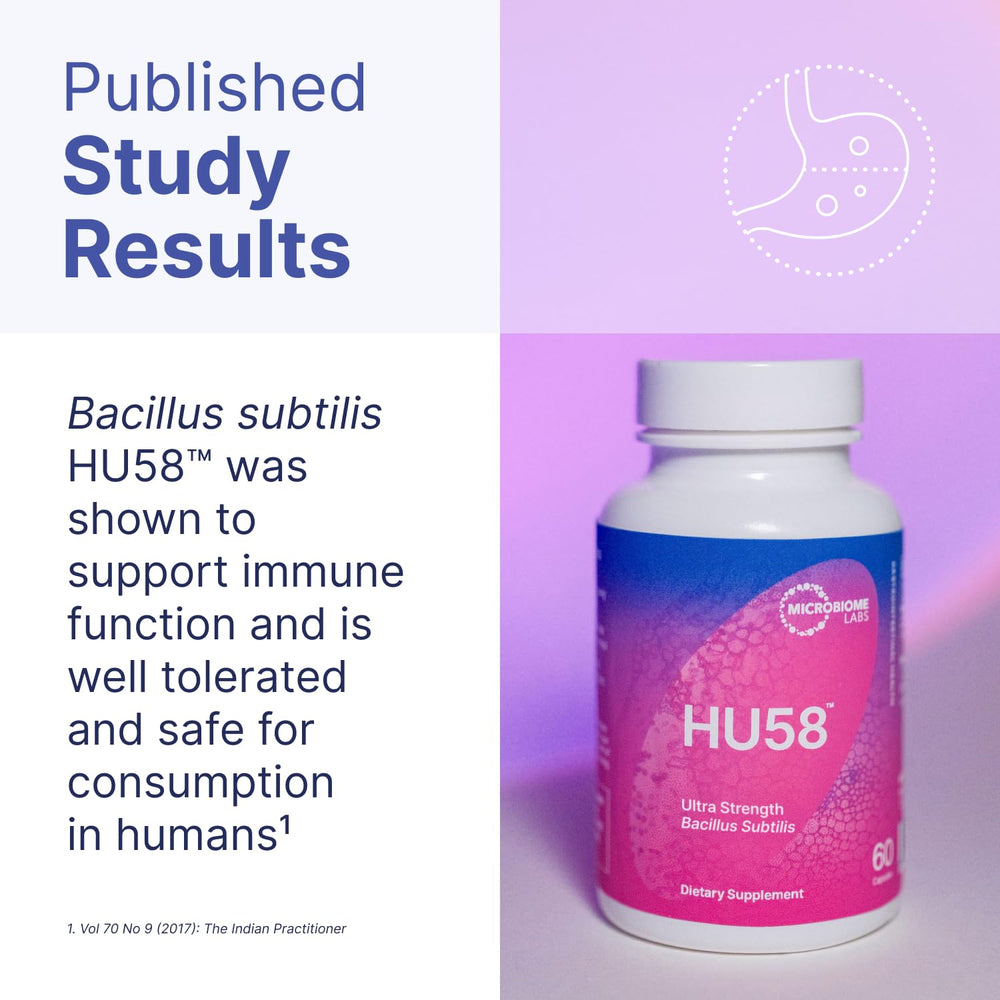 Microbiome Labs HU58 cápsulas desplegadas, evidencia conteo de 60 y dosificación